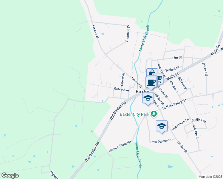 map of restaurants, bars, coffee shops, grocery stores, and more near 419 Grace Avenue in Baxter