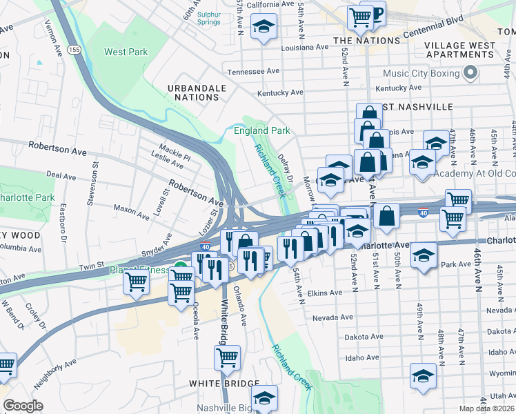 map of restaurants, bars, coffee shops, grocery stores, and more near 5514A Urbandale Avenue in Nashville