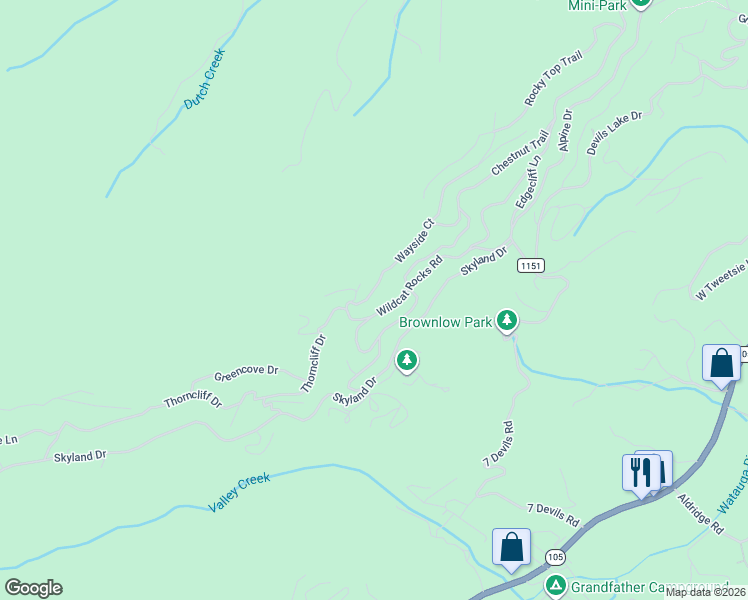 map of restaurants, bars, coffee shops, grocery stores, and more near 142 Wayside Court in Seven Devils