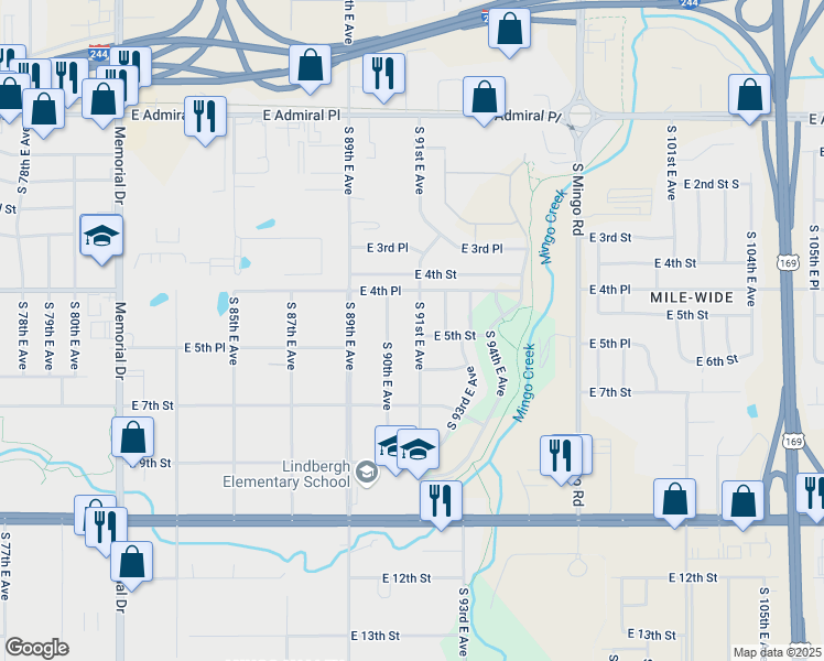 map of restaurants, bars, coffee shops, grocery stores, and more near 450 South 91st East Avenue in Tulsa