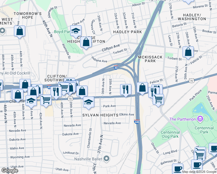 map of restaurants, bars, coffee shops, grocery stores, and more near 502 36th Avenue North in Nashville