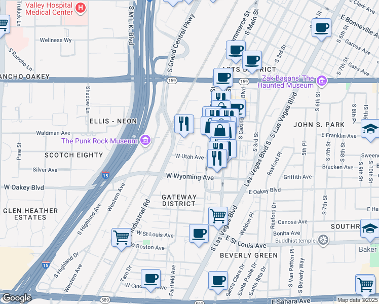 map of restaurants, bars, coffee shops, grocery stores, and more near 250 West Utah Avenue in Las Vegas