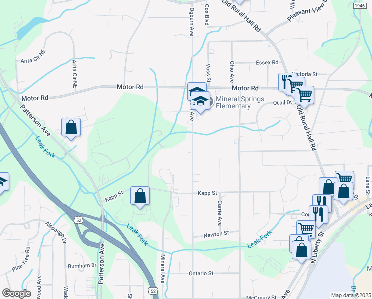 map of restaurants, bars, coffee shops, grocery stores, and more near 4498 Ogburn Avenue in Winston-Salem