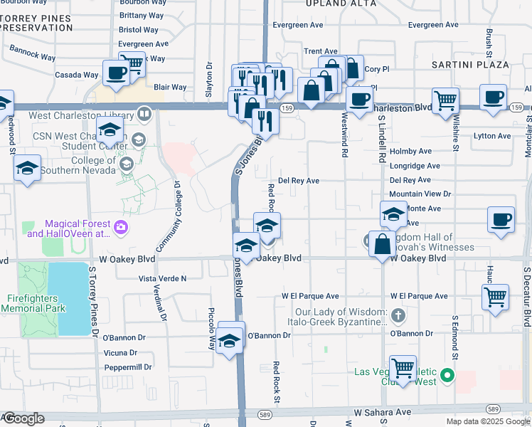 map of restaurants, bars, coffee shops, grocery stores, and more near 1575 Red Rock Street in Las Vegas