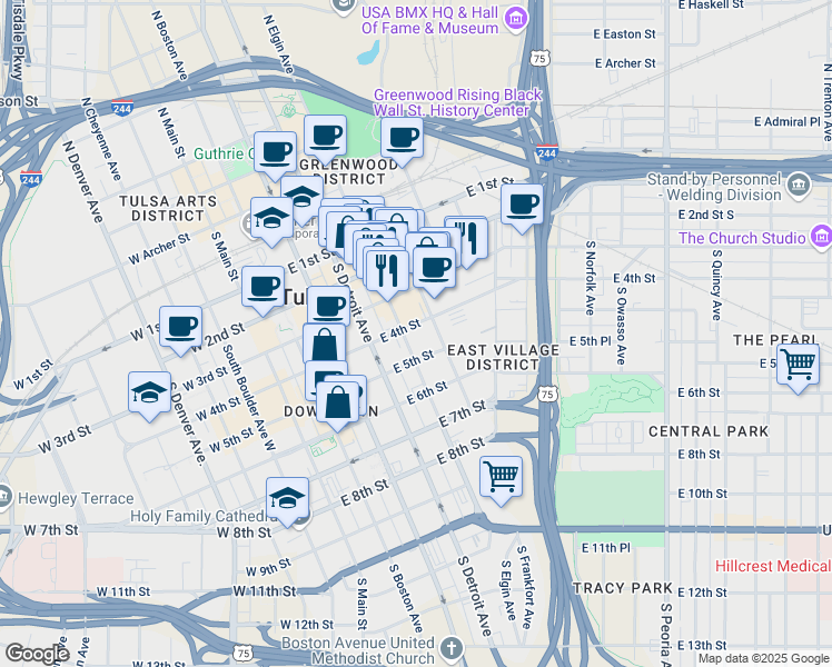 map of restaurants, bars, coffee shops, grocery stores, and more near 423 East 4th Street in Tulsa