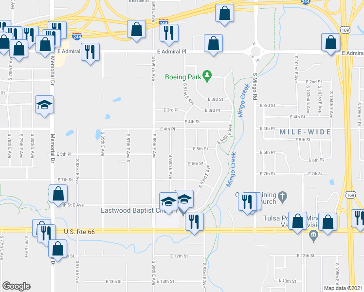 map of restaurants, bars, coffee shops, grocery stores, and more near 468 South 91st East Avenue in Tulsa