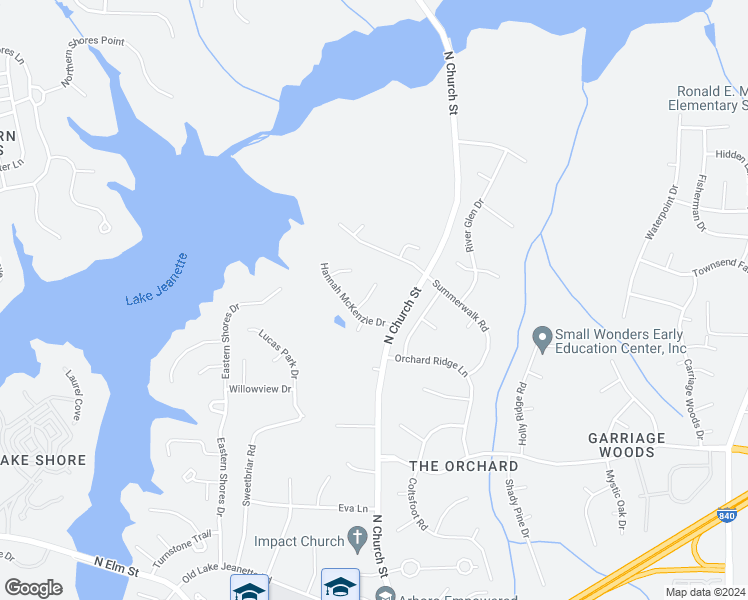 map of restaurants, bars, coffee shops, grocery stores, and more near 6 Hannah Mckenzie Court in Greensboro