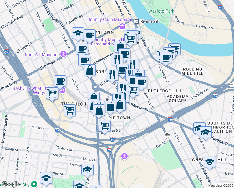 map of restaurants, bars, coffee shops, grocery stores, and more near 505 6th Avenue South in Nashville