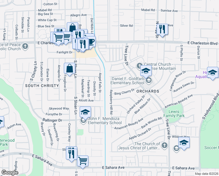map of restaurants, bars, coffee shops, grocery stores, and more near 1581 Raspberry Hill Road in Las Vegas