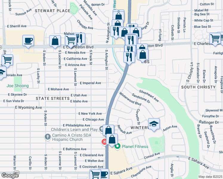 map of restaurants, bars, coffee shops, grocery stores, and more near 1405 South Nellis Boulevard in Las Vegas