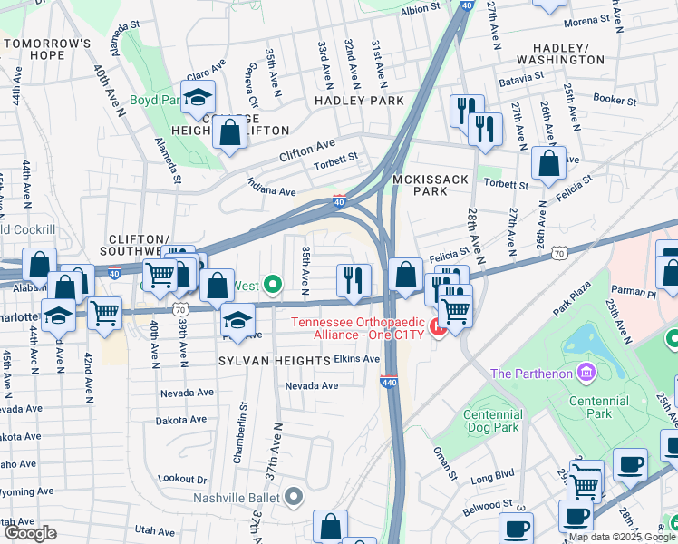 map of restaurants, bars, coffee shops, grocery stores, and more near 3224 Trevor Street in Nashville