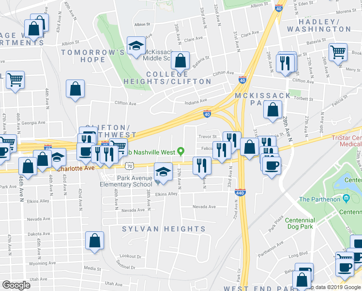 map of restaurants, bars, coffee shops, grocery stores, and more near 502 36th Avenue North in Nashville