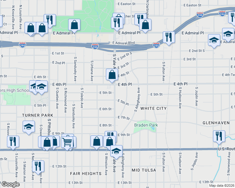 map of restaurants, bars, coffee shops, grocery stores, and more near 443 South Yale Avenue in Tulsa