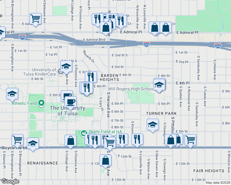 map of restaurants, bars, coffee shops, grocery stores, and more near 441 South Harvard Avenue in Tulsa