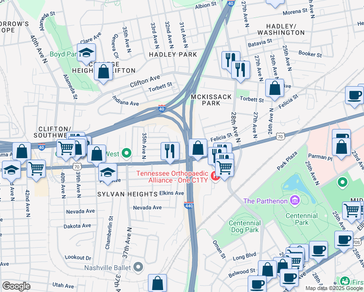 map of restaurants, bars, coffee shops, grocery stores, and more near 600 33rd Avenue North in Nashville