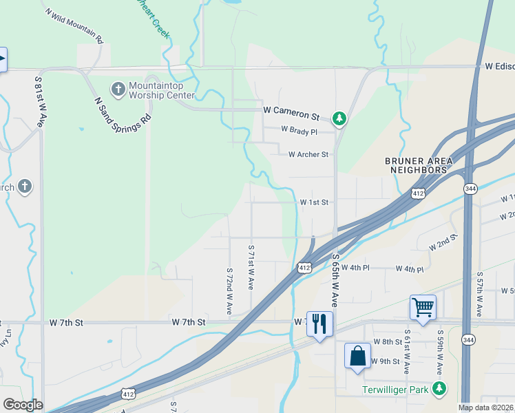 map of restaurants, bars, coffee shops, grocery stores, and more near 7105 West 1st Street in Tulsa