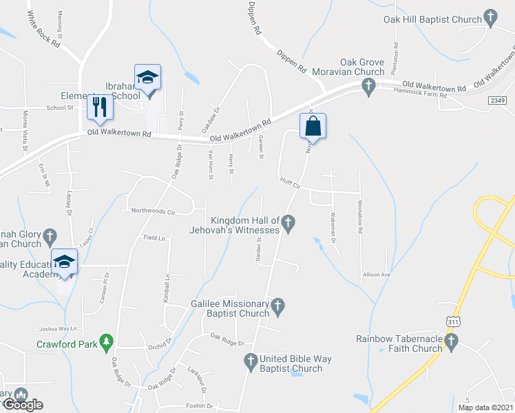 map of restaurants, bars, coffee shops, grocery stores, and more near 4230 Garden Street in Winston-Salem