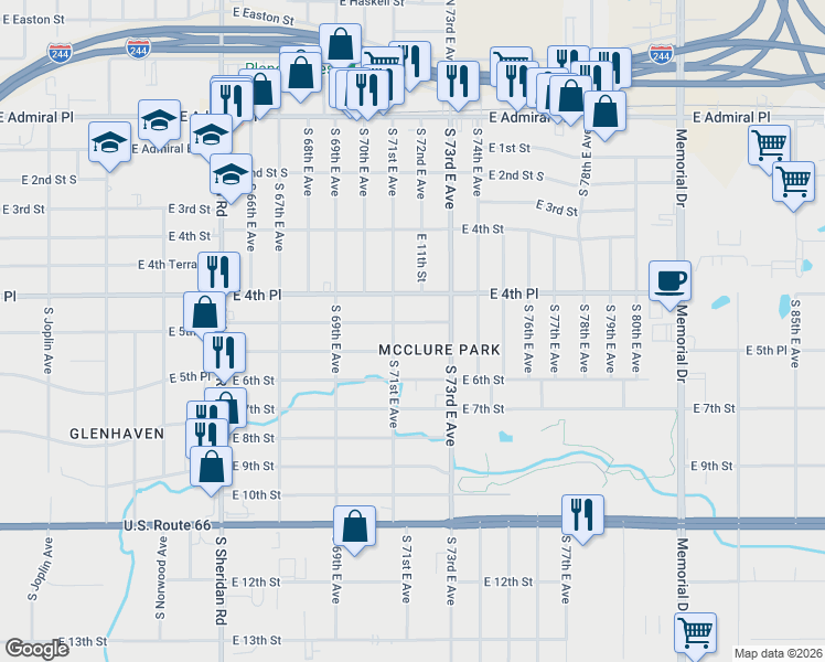 map of restaurants, bars, coffee shops, grocery stores, and more near 7127 East 5th Street in Tulsa