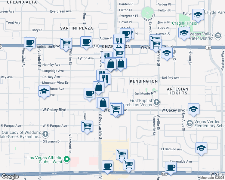 map of restaurants, bars, coffee shops, grocery stores, and more near 4650 West Oakey Boulevard in Las Vegas