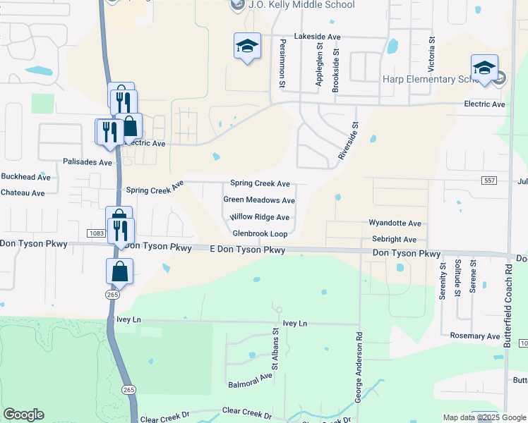 map of restaurants, bars, coffee shops, grocery stores, and more near 1961 Green Meadows Avenue in Springdale