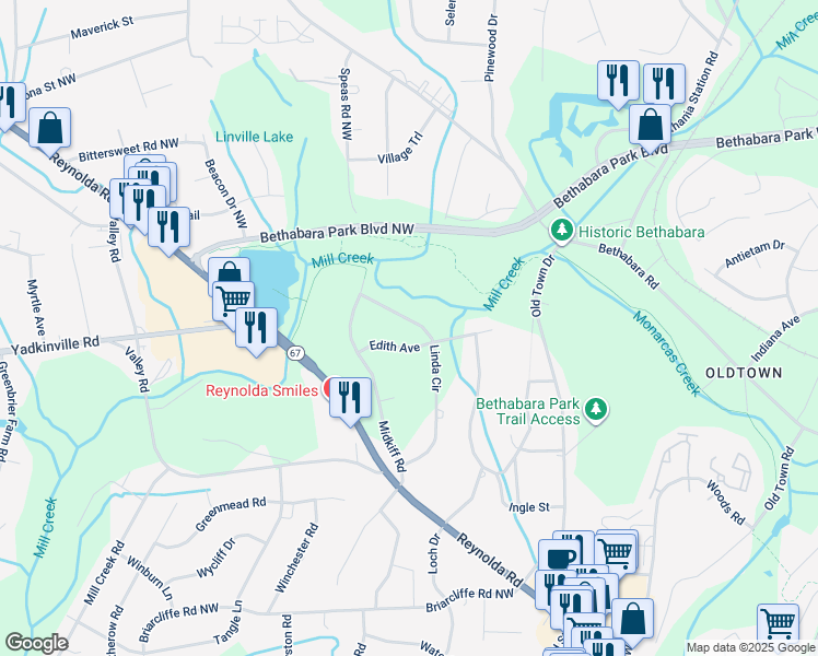 map of restaurants, bars, coffee shops, grocery stores, and more near 3338 Linda Circle in Winston-Salem