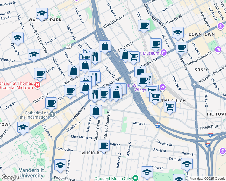 map of restaurants, bars, coffee shops, grocery stores, and more near 1525 Broadway in Nashville