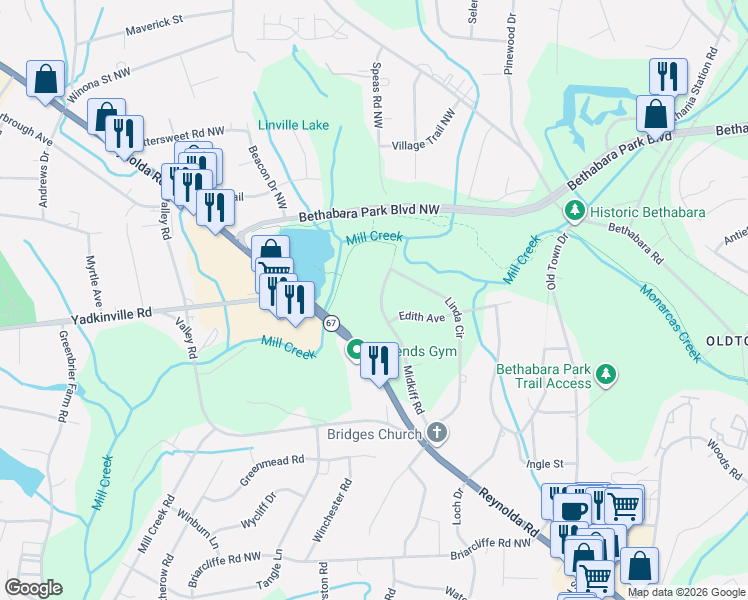 map of restaurants, bars, coffee shops, grocery stores, and more near 3306 Midkiff Road in Winston-Salem