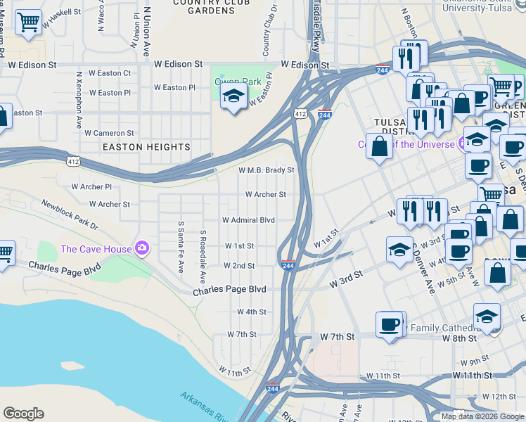 map of restaurants, bars, coffee shops, grocery stores, and more near 24 North Olympia Avenue in Tulsa