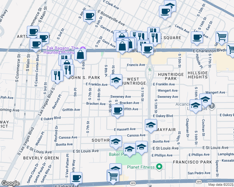 map of restaurants, bars, coffee shops, grocery stores, and more near 931 Franklin Avenue in Las Vegas