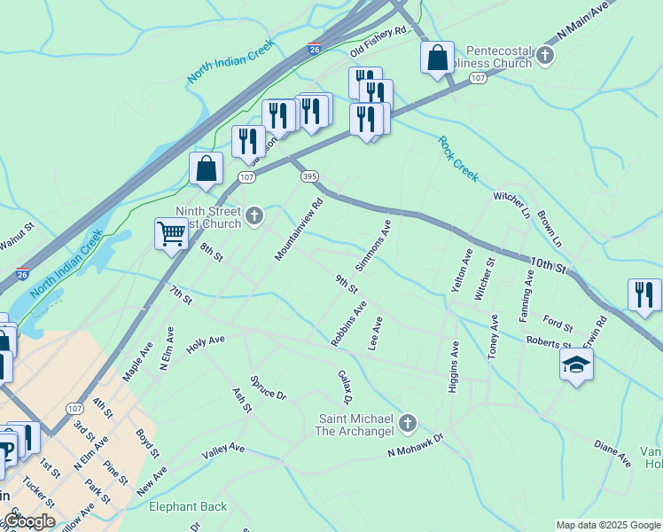 map of restaurants, bars, coffee shops, grocery stores, and more near 705 9th Street in Erwin