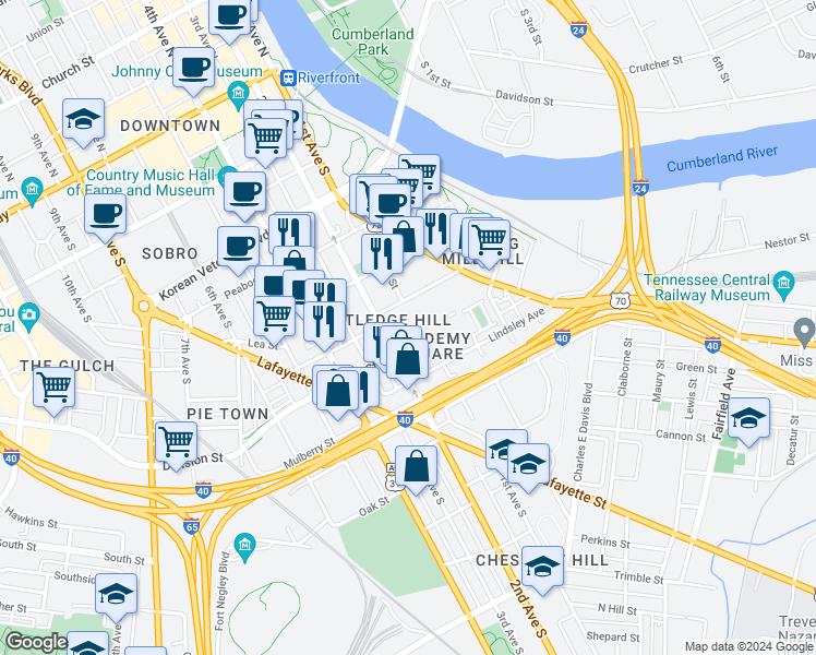 map of restaurants, bars, coffee shops, grocery stores, and more near 700 2nd Avenue South in Nashville