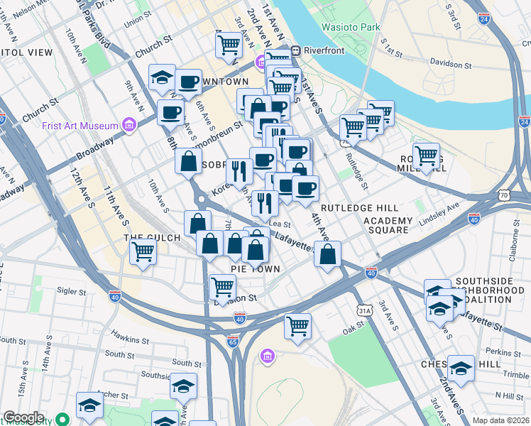 map of restaurants, bars, coffee shops, grocery stores, and more near 530 6th Avenue South in Nashville