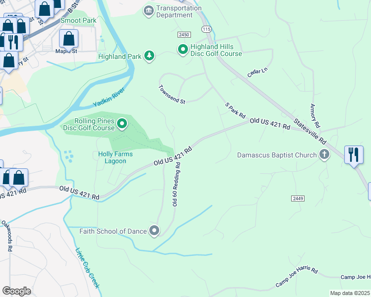 map of restaurants, bars, coffee shops, grocery stores, and more near 1079 Old US 421 Road in Wilkesboro