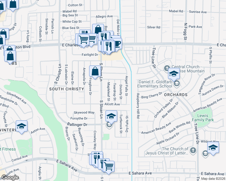 map of restaurants, bars, coffee shops, grocery stores, and more near 1553 Teardrop Street in Las Vegas