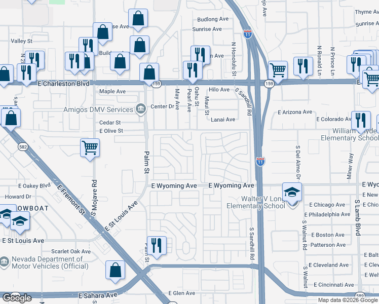 map of restaurants, bars, coffee shops, grocery stores, and more near 1624 Palm Street in Las Vegas