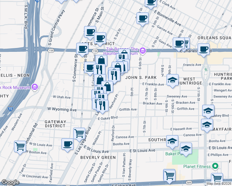 map of restaurants, bars, coffee shops, grocery stores, and more near 1306 Rexford Place in Las Vegas