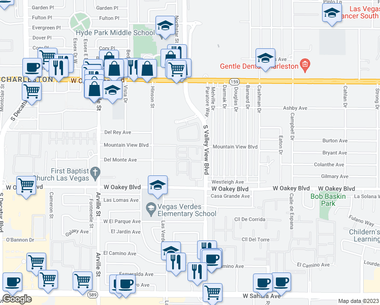 map of restaurants, bars, coffee shops, grocery stores, and more near 1600 South Valley View Boulevard in Las Vegas