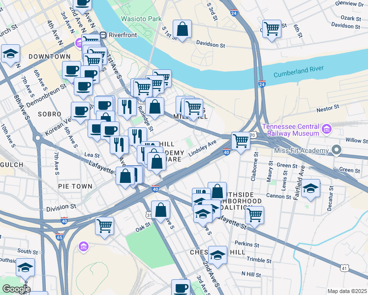 map of restaurants, bars, coffee shops, grocery stores, and more near 134 Academy Square in Nashville
