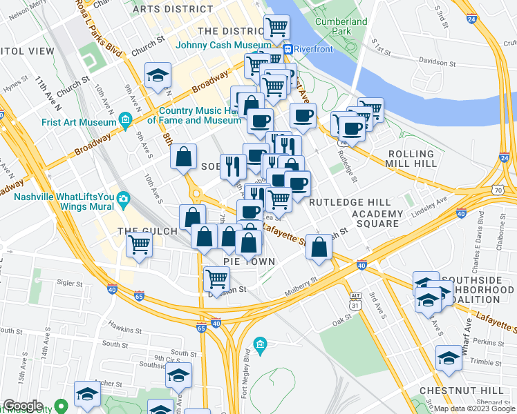 map of restaurants, bars, coffee shops, grocery stores, and more near 514 Rep. John Lewis Way South in Nashville