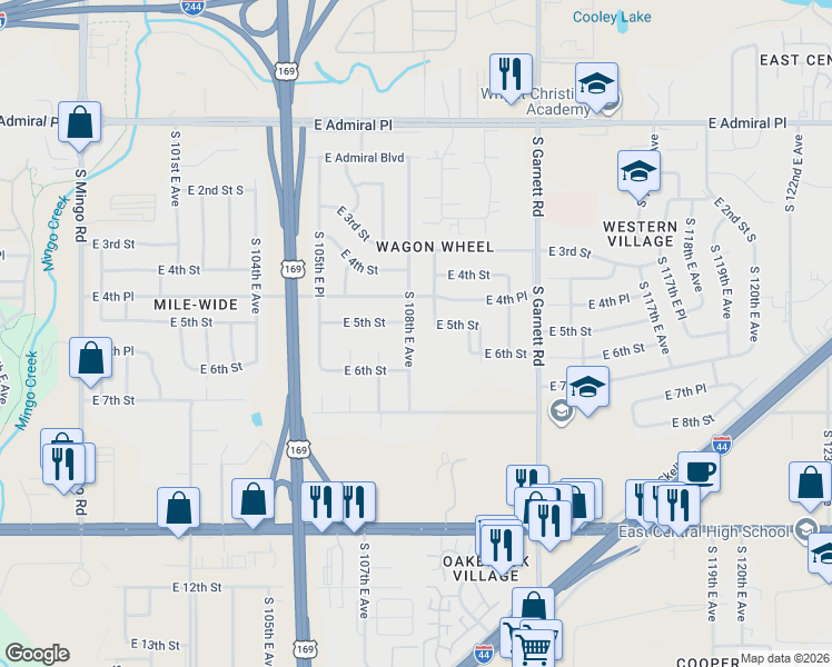 map of restaurants, bars, coffee shops, grocery stores, and more near 445 South 108th East Avenue in Tulsa