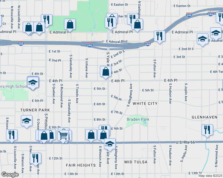 map of restaurants, bars, coffee shops, grocery stores, and more near 443 South Yale Avenue in Tulsa