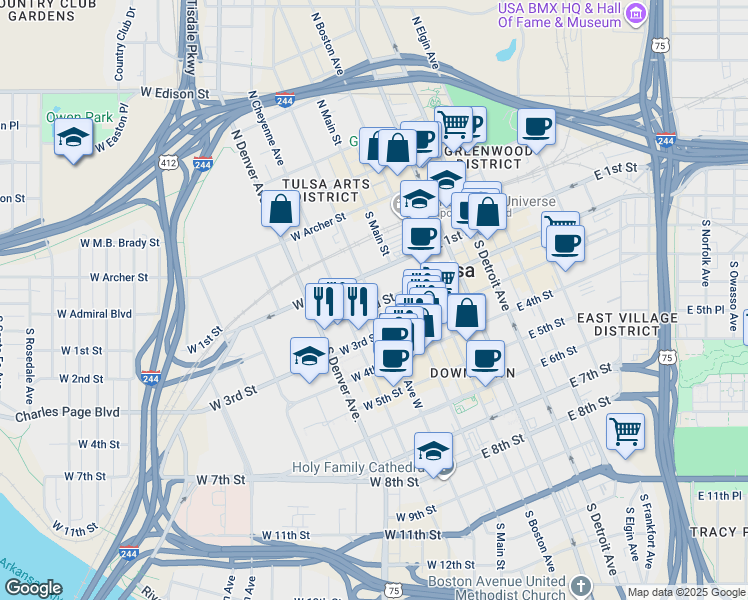 map of restaurants, bars, coffee shops, grocery stores, and more near in Tulsa