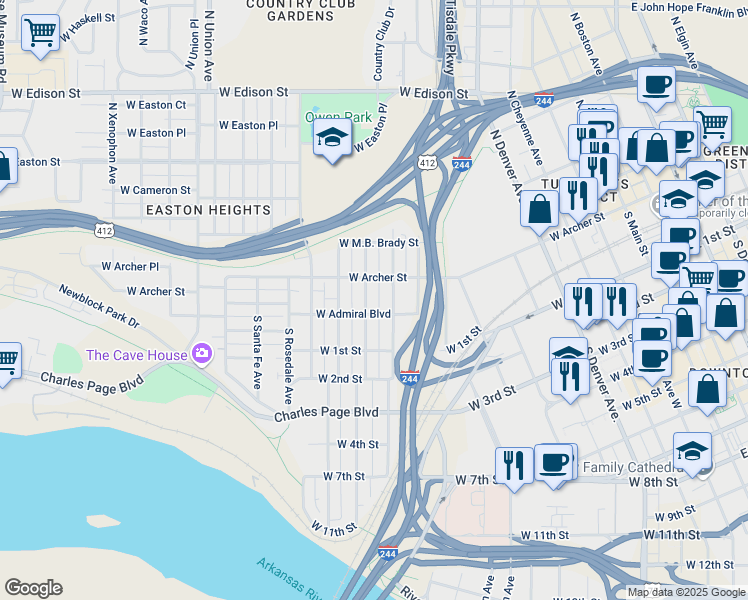 map of restaurants, bars, coffee shops, grocery stores, and more near 24 North Olympia Avenue in Tulsa