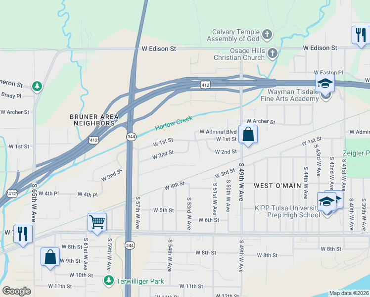 map of restaurants, bars, coffee shops, grocery stores, and more near 5316 West 1st Street in Tulsa