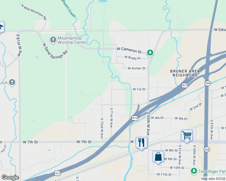 map of restaurants, bars, coffee shops, grocery stores, and more near 7105 West 1st Street in Tulsa