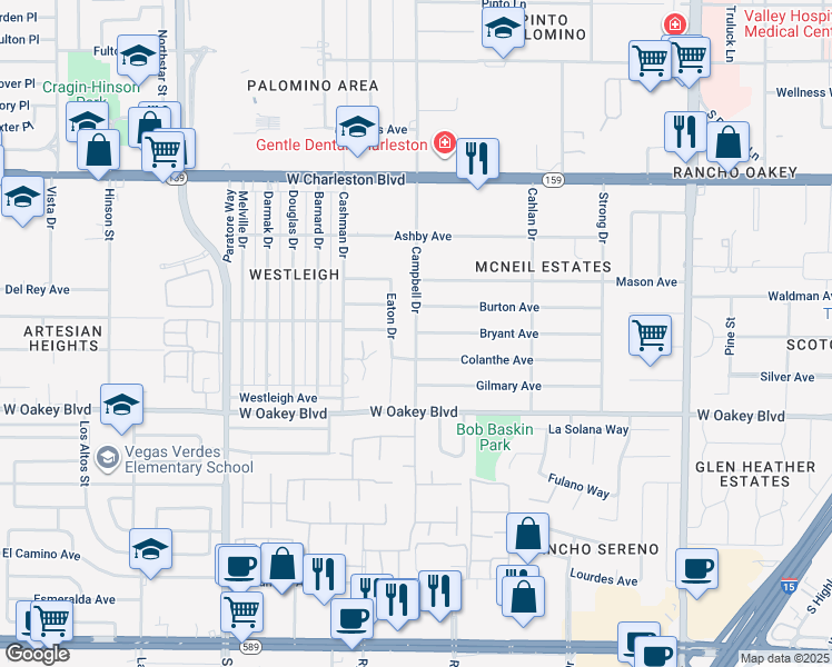 map of restaurants, bars, coffee shops, grocery stores, and more near Bryant Avenue in Las Vegas