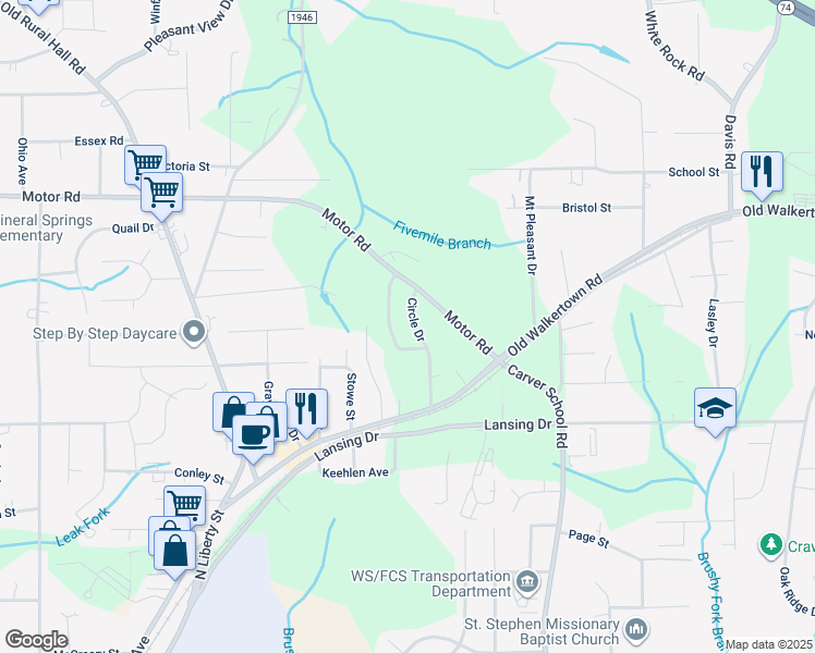 map of restaurants, bars, coffee shops, grocery stores, and more near 4867 Circle Drive in Winston-Salem