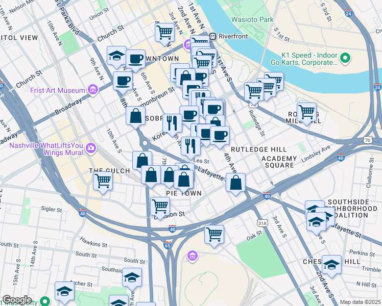 map of restaurants, bars, coffee shops, grocery stores, and more near 514 Rep. John Lewis Way South in Nashville