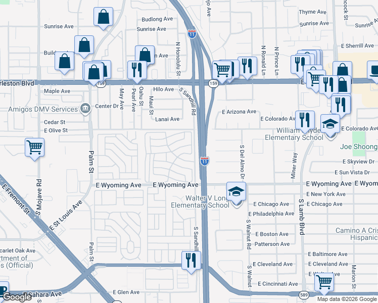 map of restaurants, bars, coffee shops, grocery stores, and more near Veterans Memorial Highway in Las Vegas