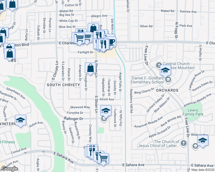 map of restaurants, bars, coffee shops, grocery stores, and more near 1553 Teardrop Street in Las Vegas